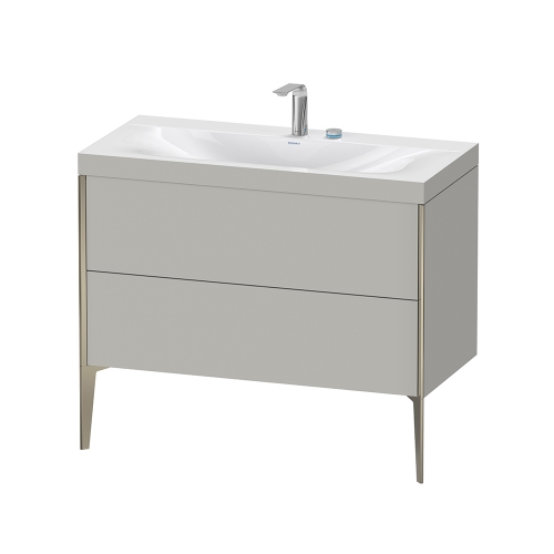 Immagine di Duravit XVIU lavabo consolle c-bonded, con base sottolavabo a pavimento 100 cm, profilo colore champagne, lavabo consolle Viu incluso, senza troppopieno, con bordo per rubinetteria, colore grigio cemento finitura opaco XV4711EB107C