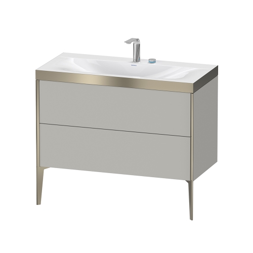 Immagine di Duravit XVIU lavabo consolle c-bonded, con base sottolavabo a pavimento 100 cm, profilo colore champagne, lavabo consolle Viu incluso, senza troppopieno, con bordo per rubinetteria, colore grigio cemento finitura opaco XV4711EB107P