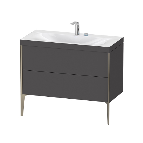Immagine di Duravit XVIU lavabo consolle c-bonded, con base sottolavabo a pavimento 100 cm, profilo colore champagne, lavabo consolle Viu incluso, senza troppopieno, con bordo per rubinetteria, colore grigio grafite finitura opaco XV4711EB149C