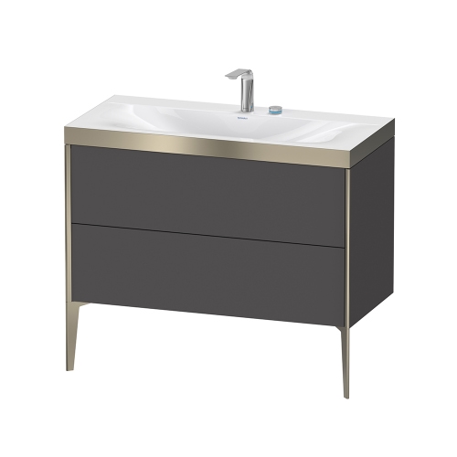 Immagine di Duravit XVIU lavabo consolle c-bonded, con base sottolavabo a pavimento 100 cm, profilo colore champagne, lavabo consolle Viu incluso, senza troppopieno, con bordo per rubinetteria, colore grigio grafite finitura opaco XV4711EB149P