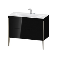 Immagine di Duravit XVIU lavabo consolle c-bonded, con base sottolavabo a pavimento 100 cm, profilo colore champagne, lavabo consolle Viu incluso, senza troppopieno, con bordo per rubinetteria, colore nero finitura lucido XV4711EB140C