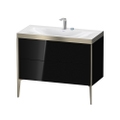 Immagine di Duravit XVIU lavabo consolle c-bonded, con base sottolavabo a pavimento 100 cm, profilo colore champagne, lavabo consolle Viu incluso, senza troppopieno, con bordo per rubinetteria, colore nero finitura lucido XV4711EB140P