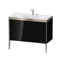 Immagine di Duravit XVIU lavabo consolle c-bonded, con base sottolavabo a pavimento 100 cm, profilo colore champagne, lavabo consolle Viu incluso, senza troppopieno, con bordo per rubinetteria, colore nero finitura lucido XV4711EB140P