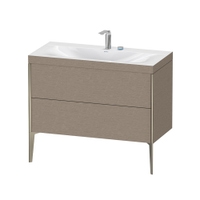 Immagine di Duravit XVIU lavabo consolle c-bonded, con base sottolavabo a pavimento 100 cm, profilo colore champagne, lavabo consolle Viu incluso, senza troppopieno, con bordo per rubinetteria, finitura rovere cashmere XV4711EB111C
