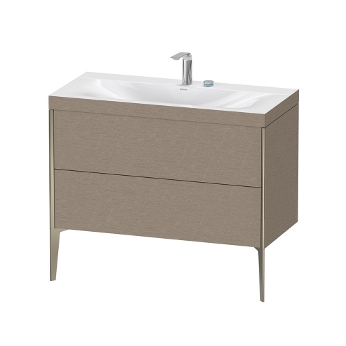 Immagine di Duravit XVIU lavabo consolle c-bonded, con base sottolavabo a pavimento 100 cm, profilo colore champagne, lavabo consolle Viu incluso, senza troppopieno, con bordo per rubinetteria, finitura rovere cashmere XV4711EB111C