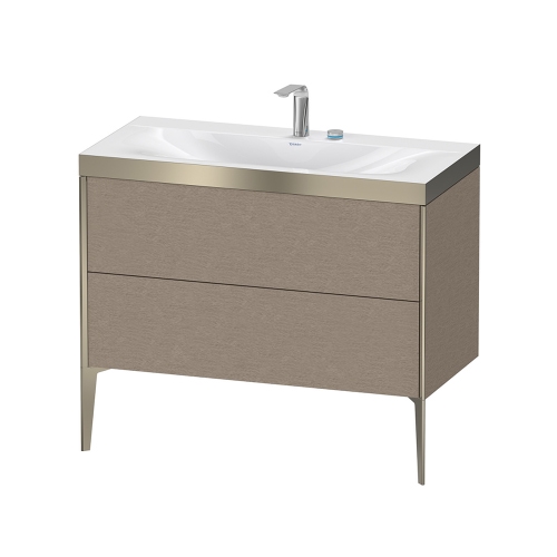Immagine di Duravit XVIU lavabo consolle c-bonded, con base sottolavabo a pavimento 100 cm, profilo colore champagne, lavabo consolle Viu incluso, senza troppopieno, con bordo per rubinetteria, finitura rovere cashmere XV4711EB111P