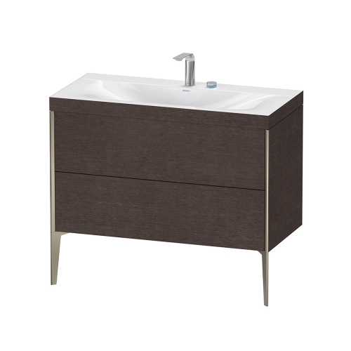 Immagine di Duravit XVIU lavabo consolle c-bonded, con base sottolavabo a pavimento 100 cm, profilo colore champagne, lavabo consolle Viu incluso, senza troppopieno, con bordo per rubinetteria, finitura rovere moro spazzolato XV4711EB172C