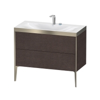 Immagine di Duravit XVIU lavabo consolle c-bonded, con base sottolavabo a pavimento 100 cm, profilo colore champagne, lavabo consolle Viu incluso, senza troppopieno, con bordo per rubinetteria, finitura rovere moro spazzolato XV4711EB172P