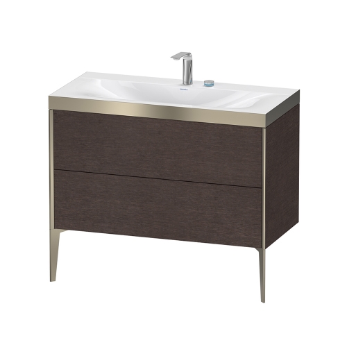 Immagine di Duravit XVIU lavabo consolle c-bonded, con base sottolavabo a pavimento 100 cm, profilo colore champagne, lavabo consolle Viu incluso, senza troppopieno, con bordo per rubinetteria, finitura rovere moro spazzolato XV4711EB172P