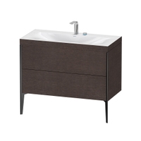 Immagine di Duravit XVIU lavabo consolle c-bonded, con base sottolavabo a pavimento 100 cm, profilo colore nero, lavabo consolle Viu incluso, senza troppopieno, con bordo per rubinetteria, finitura rovere moro spazzolato XV4711EB272C