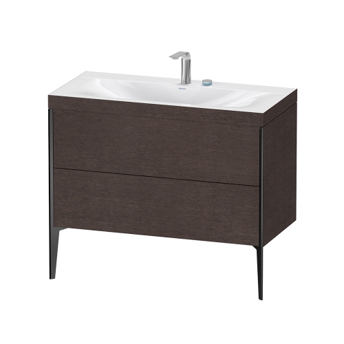 Immagine di Duravit XVIU lavabo consolle c-bonded, con base sottolavabo a pavimento 100 cm, profilo colore nero, lavabo consolle Viu incluso, senza troppopieno, con bordo per rubinetteria, finitura rovere moro spazzolato XV4711EB272C