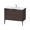 Immagine di Duravit XVIU lavabo consolle c-bonded, con base sottolavabo a pavimento 100 cm, profilo colore nero, lavabo consolle Viu incluso, senza troppopieno, con bordo per rubinetteria, finitura rovere moro spazzolato XV4711EB272P