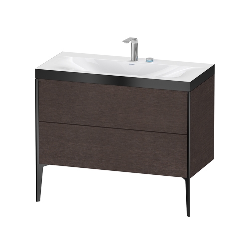 Immagine di Duravit XVIU lavabo consolle c-bonded, con base sottolavabo a pavimento 100 cm, profilo colore nero, lavabo consolle Viu incluso, senza troppopieno, con bordo per rubinetteria, finitura rovere moro spazzolato XV4711EB272P