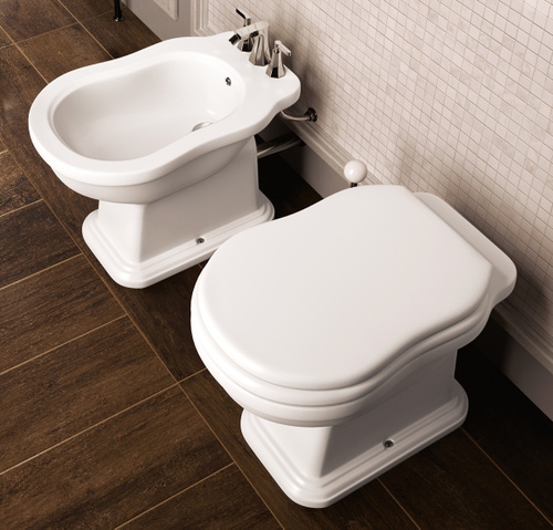 Immagine di Flaminia EFI set sanitari a pavimento, vaso con scarico a pavimento e coprivaso con discesa rallentata, bidet monoforo con troppopieno, colore bianco finitura lucido 6010+6005+23/CR