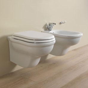 Immagine di Flaminia EFI set sanitari sospesi, vaso e coprivaso con discesa rallentata, bidet monoforo con troppopieno, colore bianco finitura lucido EF118+EF218+23/CR