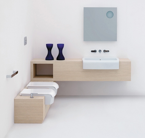 Immagine di Flaminia UNA set sanitari semincasso, vaso con scarico S/P, coprivaso e copribidet avvolgenti, bidet con troppopieno, colore bianco finitura lucido UNA/WC+UNA/B+UNACW02+UNACB04