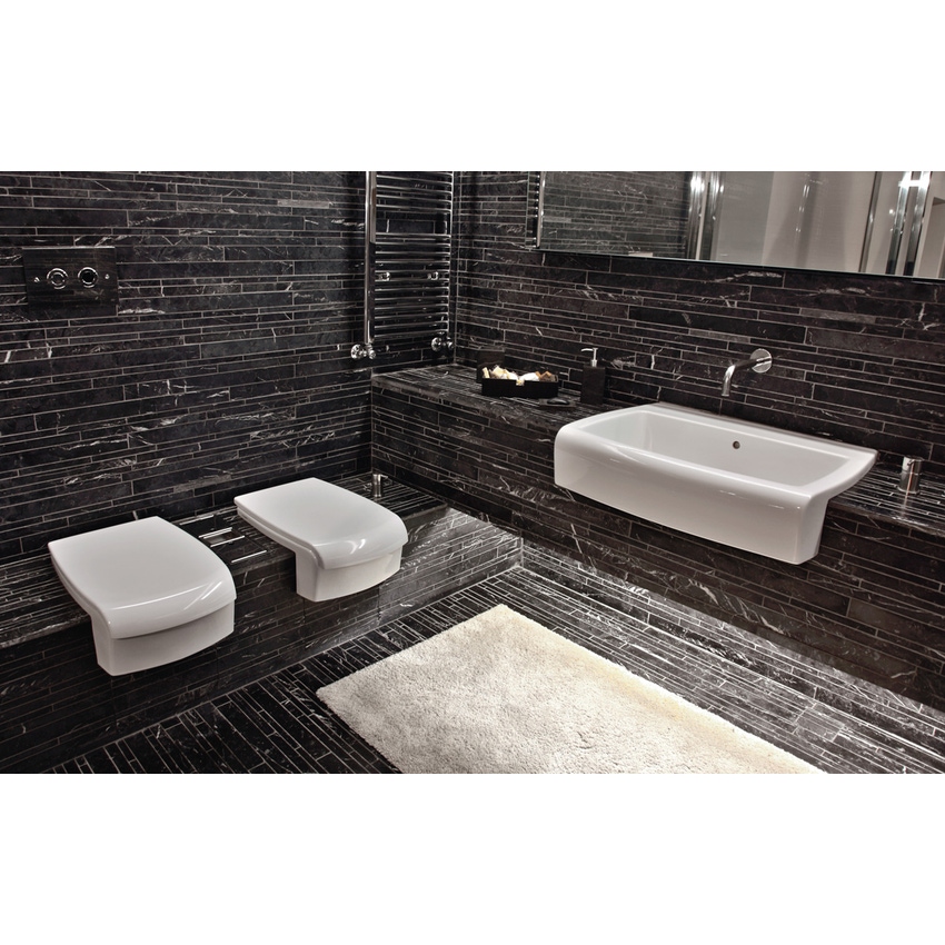 Immagine di Flaminia UNA set sanitari semincasso, vaso con scarico S/P, coprivaso e copribidet avvolgenti, bidet con troppopieno, colore bianco finitura lucido UNA/WC+UNA/B+UNACW02+UNACB04