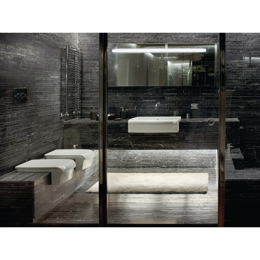 Immagine di Flaminia UNA set sanitari semincasso, vaso con scarico S/P, coprivaso e copribidet avvolgenti, bidet con troppopieno, colore bianco finitura lucido UNA/WC+UNA/B+UNACW02+UNACB04