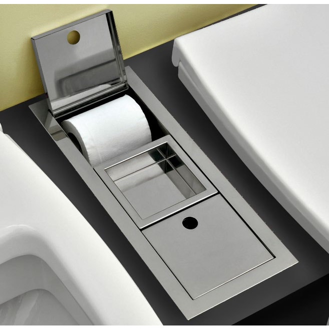 Immagine di Flaminia UNA completo da toilet in acciaio inox composto da portarotolo, portascopino e portasapone, finitura cromo UNAPF/R