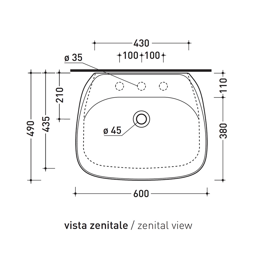 Immagine di Flaminia FLUO 60 lavabo 60 cm da appoggio o sospeso, con troppopieno e piano per rubinetteria, colore bianco finitura lucido FU60L