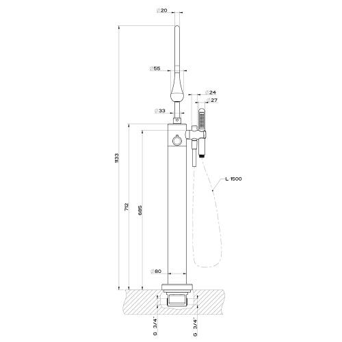 Immagine di Gessi GOCCIA piantana termostatica alta portata, esterno vasca, con doccetta, senza corpo incasso, finitura cromo 24978#031