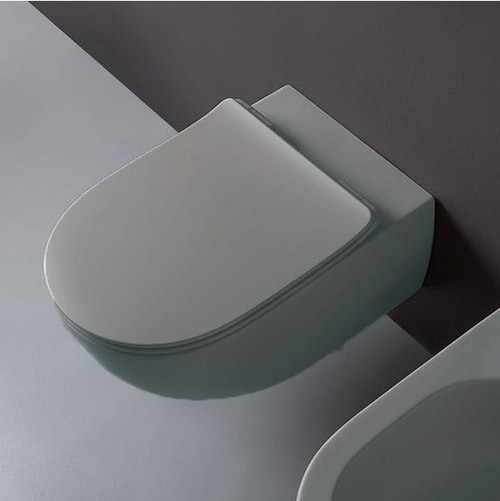 Immagine di Flaminia MINIAPP set sanitari sospesi, vaso con sistema goclean® e coprivaso slim con discesa rallentata, bidet monoforo con troppopieno, colore grigio lava finitura opaco AP119GGLA+AP219GLA+QKCW09GLA
