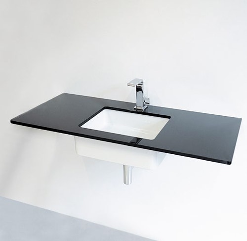 Immagine di Flaminia FLY piano in cristallo extra light verniciato L.80 cm, per lavabo Miniwash 48 sottopiano (art. MW48SP), colore nero finitura lucido FY48PCNE