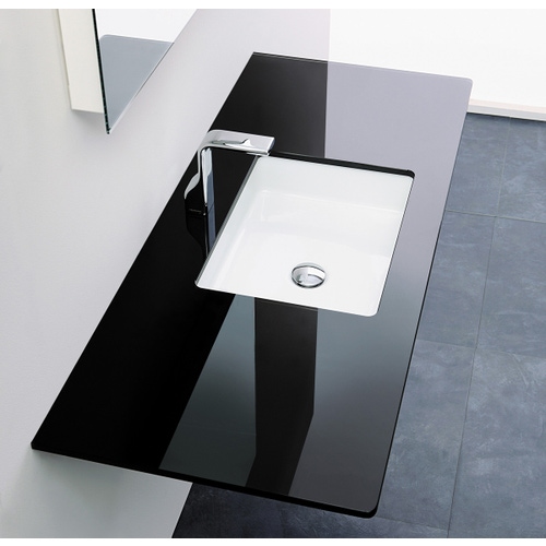 Immagine di Flaminia FLY piano in cristallo extra light verniciato L.80 cm, per lavabo Miniwash 48 sottopiano (art. MW48SP), colore nero finitura lucido FY48PCNE