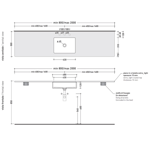 Immagine di Flaminia FLY piano in cristallo extra light verniciato L.80 cm, per lavabo Miniwash 48 sottopiano (art. MW48SP), colore nero finitura lucido FY48PCNE