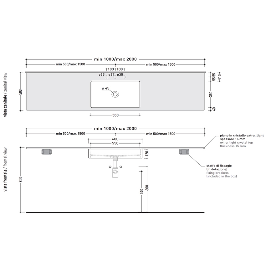 Immagine di Flaminia FLY piano in cristallo extra light verniciato L.100 cm, per lavabo Miniwash 60 sottopiano (art. MW60SP), colore nero finitura lucido FY60PCNE
