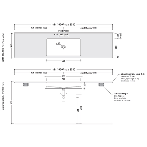 Immagine di Flaminia FLY piano in cristallo extra light verniciato L.100 cm, per lavabo Miniwash 75 sottopiano (art. MW75SP), colore nero finitura lucido FY75PCNE