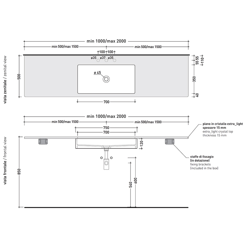 Immagine di Flaminia FLY piano in cristallo extra light verniciato L.100 cm, per lavabo Miniwash 75 sottopiano (art. MW75SP), colore nero finitura lucido FY75PCNE