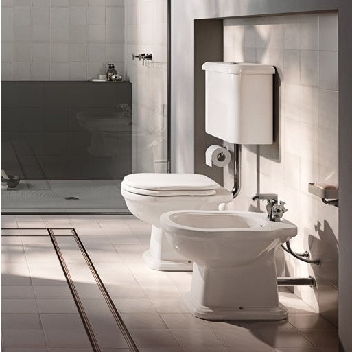 Immagine di Flaminia EFI set sanitari a pavimento, vaso con scarico a pavimento, cassetta di scarico a zaino e batteria di scarico doppio flusso, coprivaso con discesa rallentata, colore bianco finitura lucido 6010+6004+6005+23/CR