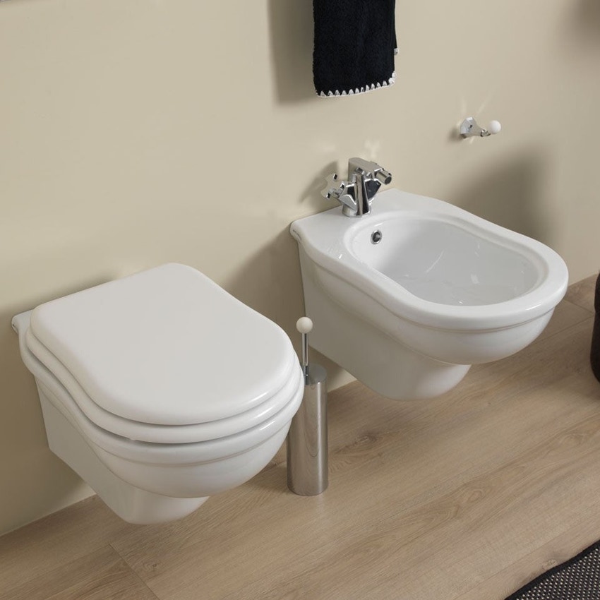Immagine di Flaminia EFI set sanitari sospesi, vaso e coprivaso con discesa rallentata, bidet monoforo con troppopieno, colore bianco finitura lucido EF118+EF218+23/CR