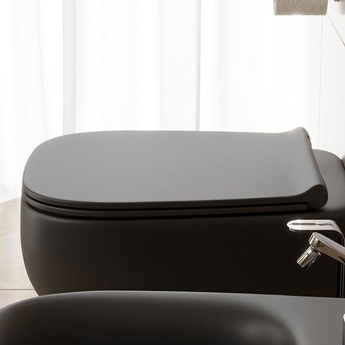 Immagine di Flaminia FLUO set sanitari sospesi, vaso con sistema goclean® e coprivaso slim con discesa rallentata, bidet monoforo con troppopieno, colore carbone finitura opaco FU118GCAR+FU218CAR+FUCW05CAR