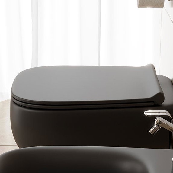 Immagine di Flaminia FLUO set sanitari sospesi, vaso con sistema goclean® e coprivaso slim con discesa rallentata, bidet monoforo con troppopieno, colore carbone finitura opaco FU118GCAR+FU218CAR+FUCW05CAR