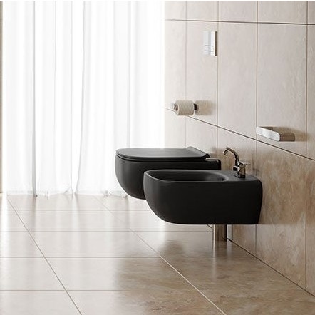 Immagine di Flaminia FLUO set sanitari sospesi, vaso con sistema goclean® e coprivaso slim con discesa rallentata, bidet monoforo con troppopieno, colore carbone finitura opaco FU118GCAR+FU218CAR+FUCW05CAR