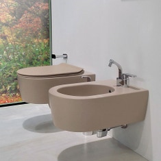 Immagine di Flaminia LINK set sanitari sospesi, vaso con sistema goclean® e coprivaso slim con discesa rallentata, bidet monoforo con troppopieno, colore argilla finitura opaco 5051/WCGARG+5051/BARG+LKCW09ARG
