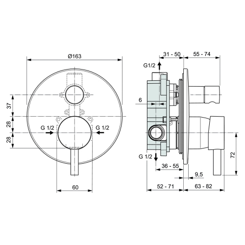 Immagine di Ideal Standard CERALINE miscelatore doccia, ad incasso, con deviatore e corpo incasso incluso, finitura cromo A6939AA