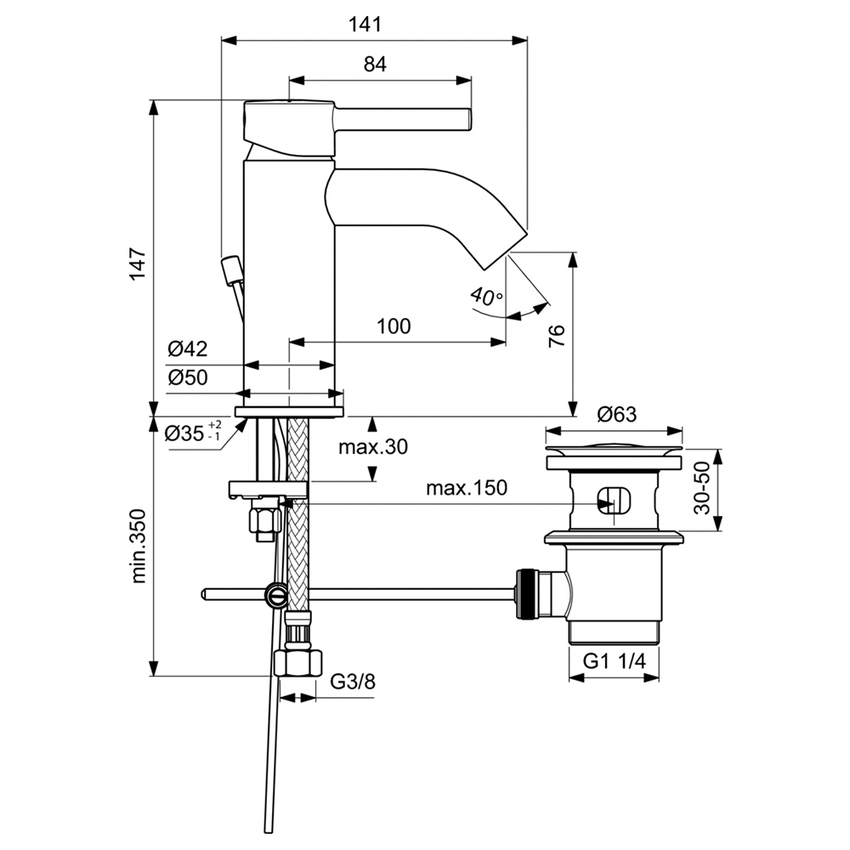 Immagine di Ideal Standard CERALINE miscelatore lavabo P.15 cm, con asta di comando e scarico piletta da 1-1/4", finitura cromo BC193AA