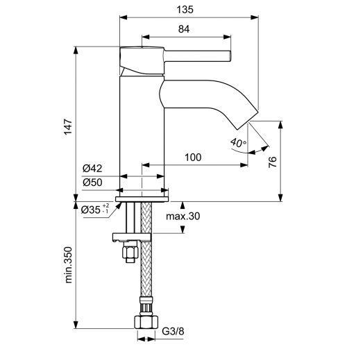 Immagine di Ideal Standard CERALINE miscelatore lavabo P.15 cm, senza asta di comando e scarico piletta, colore nero finitura opaco BC268XG