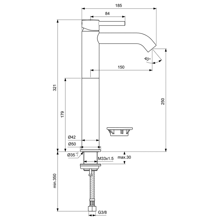 Immagine di Ideal Standard CERALINE miscelatore lavabo H.32 cm da appoggio, senza asta di comando e scarico piletta, finitura cromo BC269AA