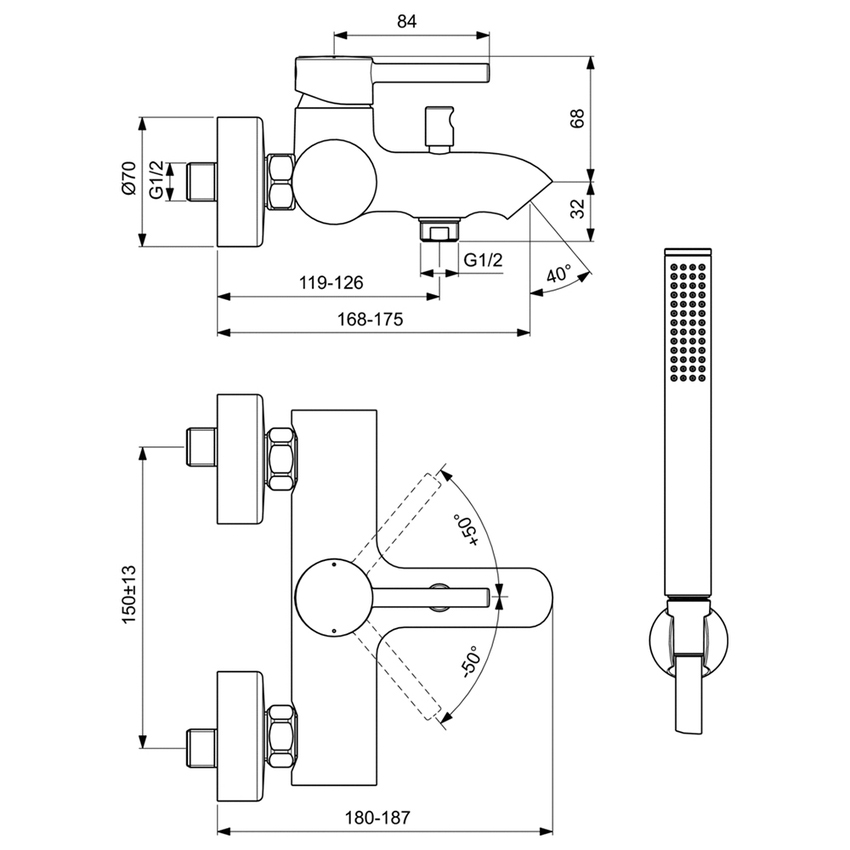 Immagine di Ideal Standard CERALINE miscelatore monocomando esterno per vasca o doccia, con doccetta, supporto a muro e tubo flessibile, finitura cromo BC270AA