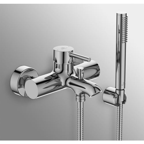 Immagine di Ideal Standard CERALINE miscelatore monocomando esterno per vasca o doccia, con doccetta, supporto a muro e tubo flessibile, finitura cromo BC270AA