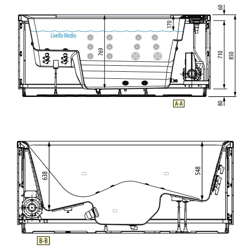 Immagine di Novellini  DIVINA XL SPA STANDARD minipiscina idromassaggio da esterno con luci led bianche+UV, L.200 P.200 H.85, per 4 persone, sedile colore nero, vasca colore bianco finitura lucido DOXL5O0-W10H