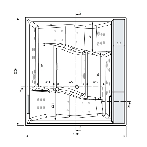 Immagine di Novellini DIVINA XXL SPA STANDARD minipiscina idromassaggio da esterno con cromolight+audio Bluetooth+purificazione Aquaclean (UV+ozono), L.230 P.215 H.85, per 6 persone, sedile colore nero, vasca colore bianco finitura lucido DOXXL5O9-W10H