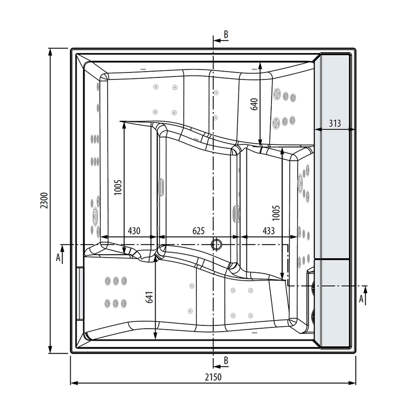Immagine di Novellini DIVINA XXL SPA PLUS minipiscina idromassaggio da esterno con cromolight+audio Bluetooth+UV, L.230 P.215 H.85, per 6 persone, sedile e poggiatesta colore nero, vasca colore bianco finitura lucido DOXXL4O6-W10H