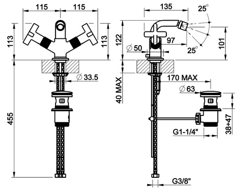 Immagine di Gessi INCISO+ gruppo bidet con flessibili di collegamento, finitura black metal brushed PVD 58127#707