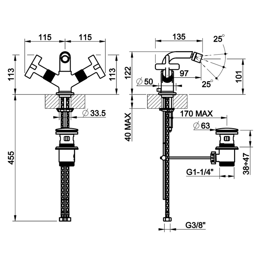 Immagine di Gessi INCISO+ gruppo bidet con flessibili di collegamento, finitura black metal brushed PVD 58127#707