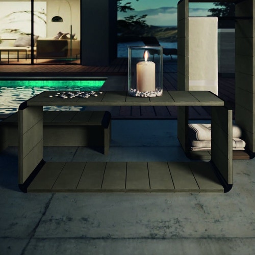 Immagine di Novellini DIVINA tavolino outdoor in multistrato di betulla con laccatura protettiva e raccordi in alluminio colore nero finitura opaco, finitura oxid wood TAVDOS01-P3